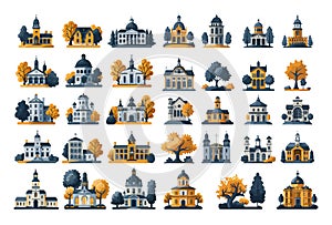 Churches, color vector set. Religious buildings, temple architecture, modern classical and ancient, cathedrals, chapels