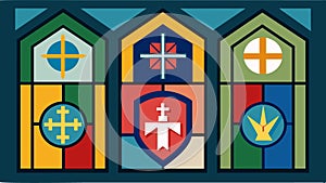 The churchs stainedglass windows adorned with flags and symbols of different branches of the military.. Vector photo