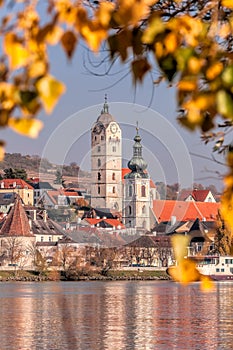 Churchs towers in Krems town with Danube river during autumn in Wachau valley, Austria