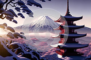 Chureito Pagoda with Mount Fuji in winter