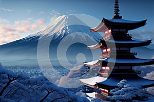 Chureito Pagoda with Mount Fuji in winter