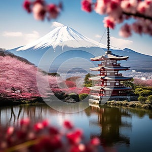 Chureito Pagoda and Mt. Fuji in Spring with Cherry Blossoms, Fujiyoshida, Japan
