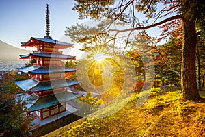 Chureito Pagoda with sun flare, Fujiyoshida, Japan
