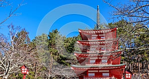 Chureito pagoda sunny day in clear blue sky natural background in japan
