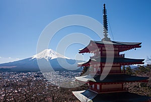 Chureito Pagoda temple and the highest mountain of Japan, Mt Fuji, in the distance