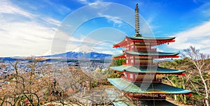 Chureito red pagoda and mount Fuji background, japan