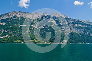 Churfirsten seen from lake Walen, Walensee. St.Gallen, Switzerland.