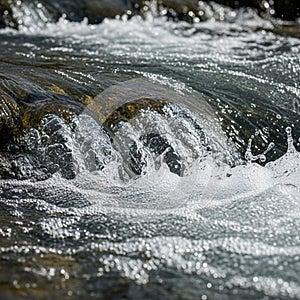 Churning water flows over rocks, creating a dynamic display of bubbles and splashes.