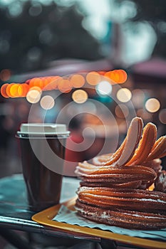 Churros and a cup of take-away coffee on a tray