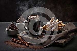 Churros and hot chocolate on a black background.