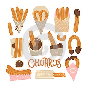 Churros set . Mexican chocolate confection. Churro food in different packages. Flat hand drawn vector illustration.