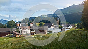 Churwalden village in Switzerland. Formerly Parpan. Beautiful swiss alpine countryside with a medieval bell tower and