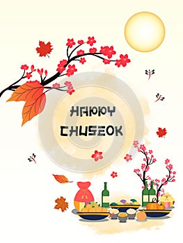 Chuseok banner design.persimmon tree on full moon view background photo