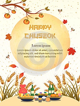 Chuseok banner design.persimmon tree on full moon view background photo