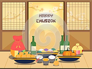 Chuseok banner design.persimmon tree on full moon view background photo