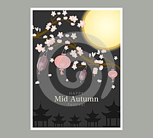 Chuseok banner design.persimmon tree on full moon view background