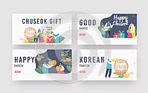 Chuseok Tteok Landing Page Template Set. Happy Asian Family with Kids Characters Wearing Traditional Costumes Hanbok photo