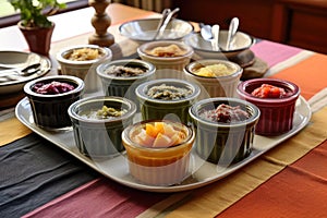 chutney in small ceramic bowls with color-coordinated table setting