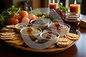 chutney tasting with crackers and dip bowls