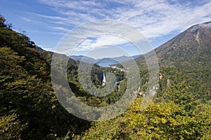 Chuzen-ji Lake,Kegon-no-taki Falls and Mt. Nantai seen from Akechi-daira Ropeway viewpoint,Nikko,Tochigi,Japan