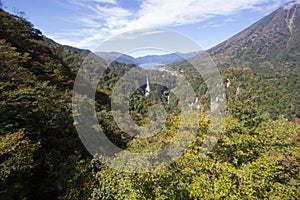 Chuzen-ji Lake,Kegon-no-taki Falls and Mt. Nantai seen from Akechi-daira Ropeway viewpoint,Nikko,Tochigi,Japan