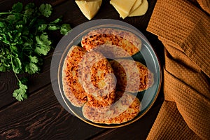 Chvishtari, corn flour tortillas with cheese, pastries, Georgian cuisine, Mchadi, homemade, top view, on a wooden table