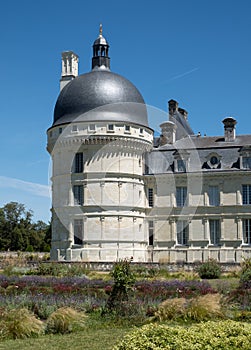 ChÃ¢teau de ValenÃ§ay in the Loire Valley, central France. Photographed from the garden on a clear day, with bright blue sky.