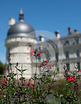 ChÃ¢teau de ValenÃ§ay in the Loire Valley, central France. Photographed from the garden on a clear day, with bright blue sky.