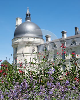 ChÃ¢teau de ValenÃ§ay in the Loire Valley, central France. Photographed from the garden on a clear day, with bright blue sky.