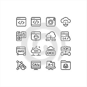 CI CD DevOps Line Icons Set â Cloud Computing, Coding, Automation, and AI Technology Symbols