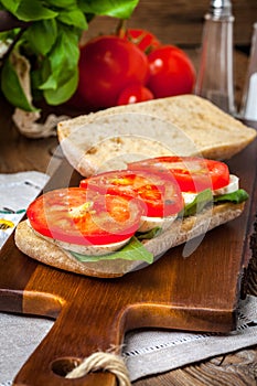 Ciabata with mozzarella, tomato and basil