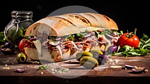 Ciabatta-based sandwich, a mix of flavors and textures. Crusty bread envelops layers fillings