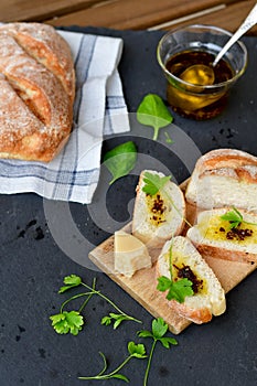 Ciabatta bread, olive oil and parmesan cheese