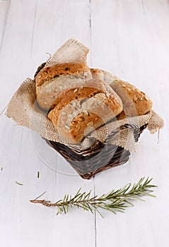 Ciabatta bread in a rustic woven basket