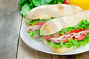 Ciabatta bread sandwiches with ham and cheese on the white plate