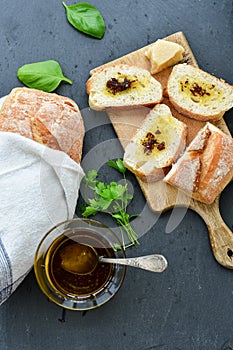 Ciabatta bruschetta bread, olive oil and parmesan cheese