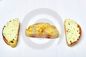 Ciabatta with cream cheese on white background. Toasted sandwich toast