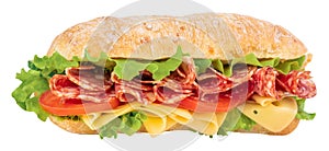 Ciabatta sandwich with lettuce, tomatoes prosciutto and cheese isolated on white background
