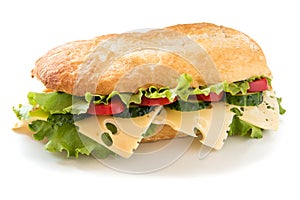 Ciabatta sandwich with salad, tomato, cucumber and cheese