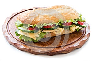 Ciabatta sandwich with salad, tomato, cucumber and cheese