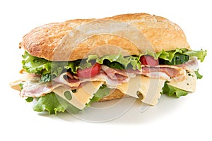 Ciabatta sandwich with salad, tomato, cucumber, cheese and bacon