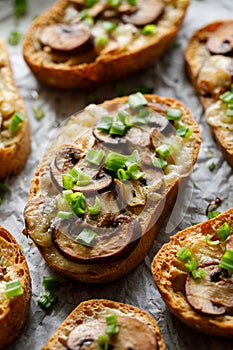 Ciabatta toast with mozzarella cheese and champignons sprinkled with green onions