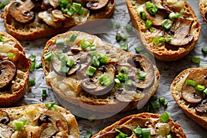 Ciabatta toast with mozzarella cheese and champignons sprinkled with green onions