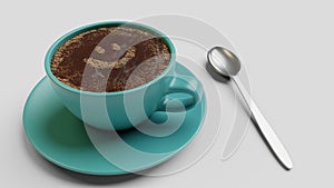 Cian cup of coffee with foam as smile 3d illustration isolated on white