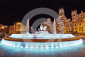 Cibeles fountain square in Madrid, Spain at night