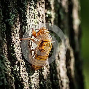 A cicada exoskeleton clings to a tree trunk, showcasing its empty shell