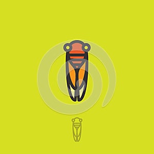 Cicada flat logo. Cicada icon. Linear logo. Yellow-orange small cicada on a green-yellow background. photo