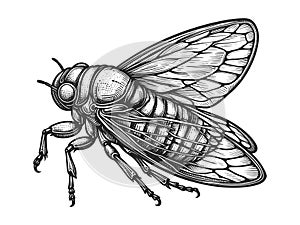 Cicadidae insect engraving sketch vector illustration