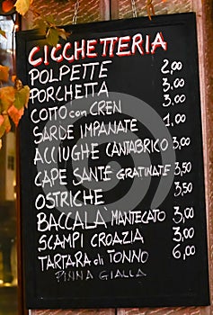 CICCHETTERIA means Snack bar in Italian and list of Italian cuisine photo