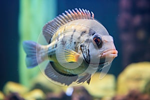 cichlid fish showing territorial behavior at tank corner
